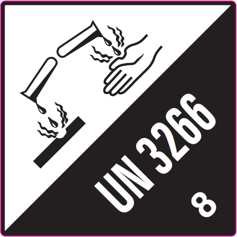 Farligt gods-etiketter, UN3266, Frätande basisk oorganisk vätska (n.o.s), 100x100 mm, 250 st etiketter/rulle